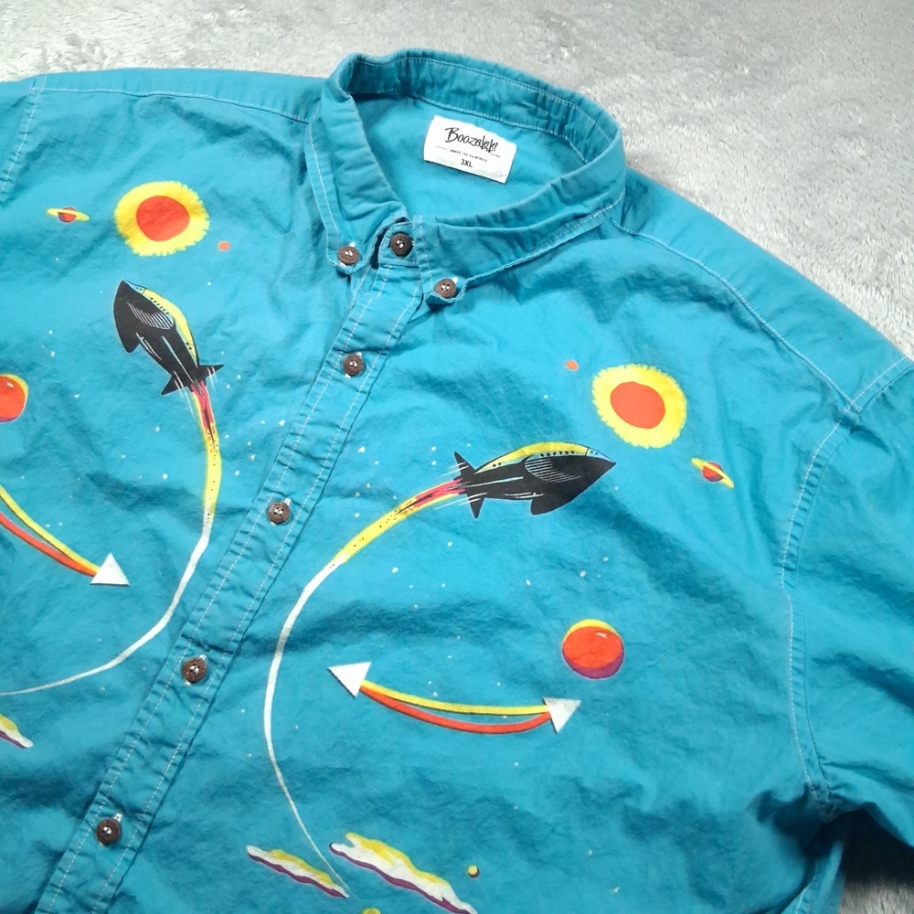 Boozelelé Shirt Mens 3XL Blue Rocket Space Rocket Graphic Short Smile Rockabilly
